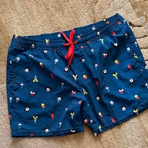 ~Disney~ Navy Mickey Mouse Swim Trunks with Red Drawstring and Multicolor Print